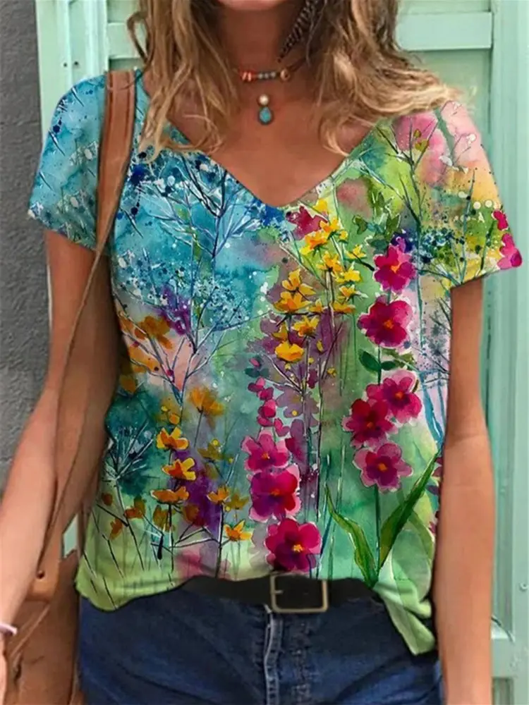 Women 3D Floral Print V-Neck T-Shirt Summer
