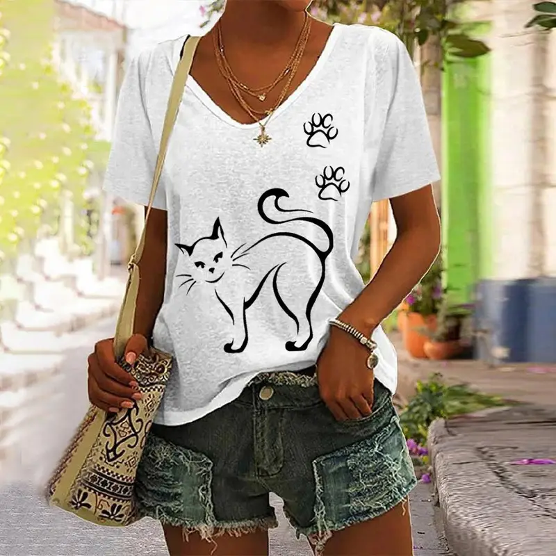 Women 3D Floral Print V-Neck T-Shirt Summer