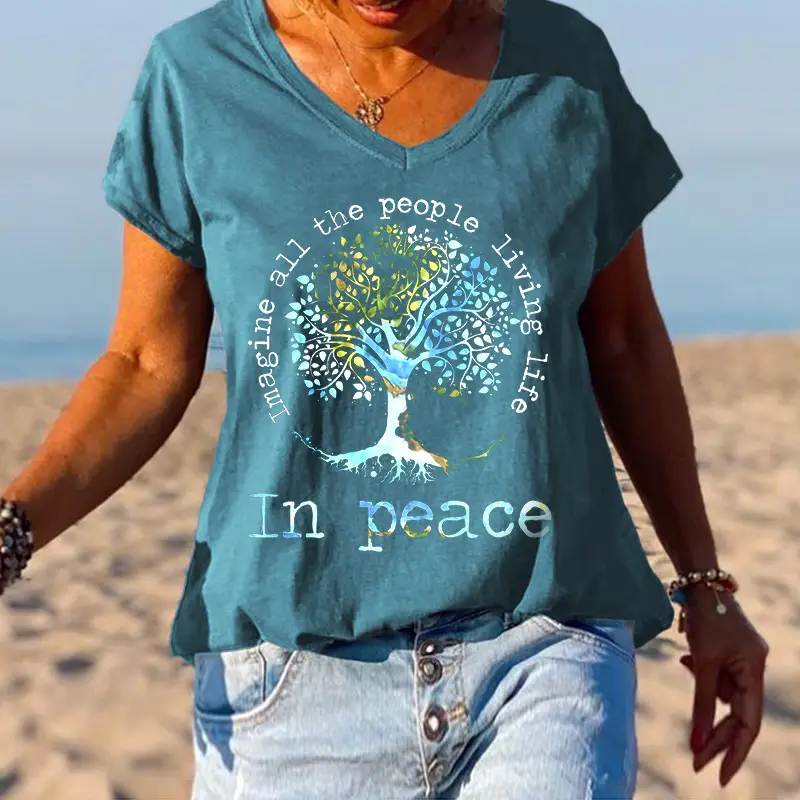 Women 3D Floral Print V-Neck T-Shirt Summer