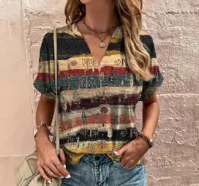 Women 3D Floral Print V-Neck T-Shirt Summer