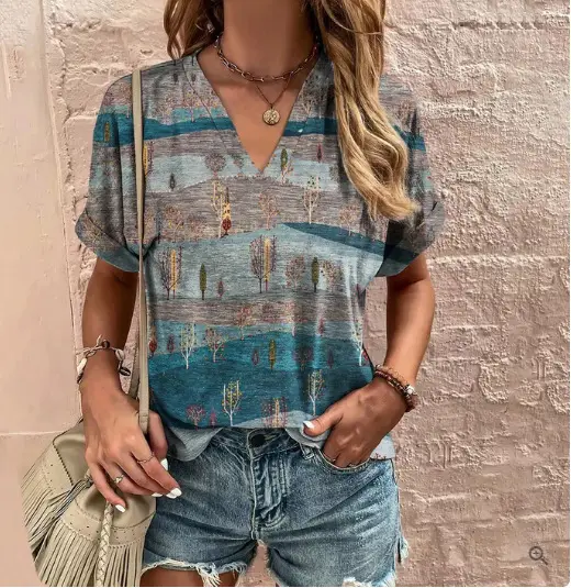 Women 3D Floral Print V-Neck T-Shirt Summer