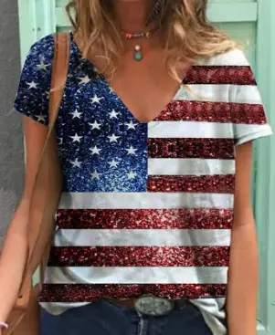 Women 3D Floral Print V-Neck T-Shirt Summer