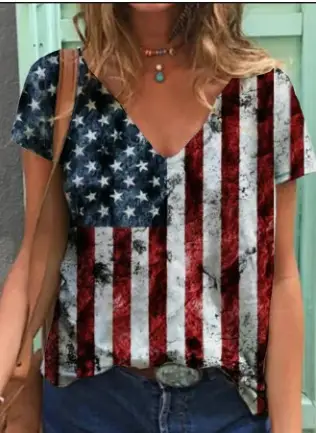 Women 3D Floral Print V-Neck T-Shirt Summer
