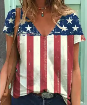 Women 3D Floral Print V-Neck T-Shirt Summer