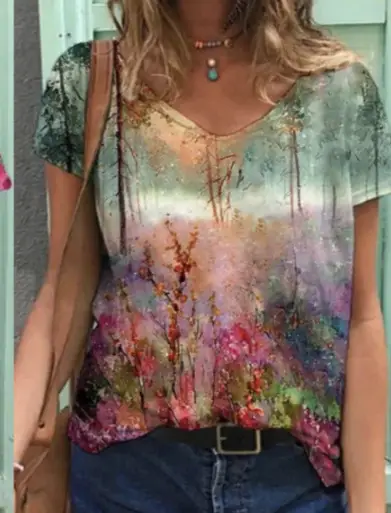 Women 3D Floral Print V-Neck T-Shirt Summer