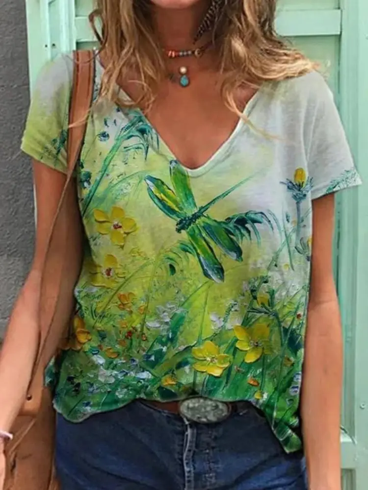 Women 3D Floral Print V-Neck T-Shirt Summer