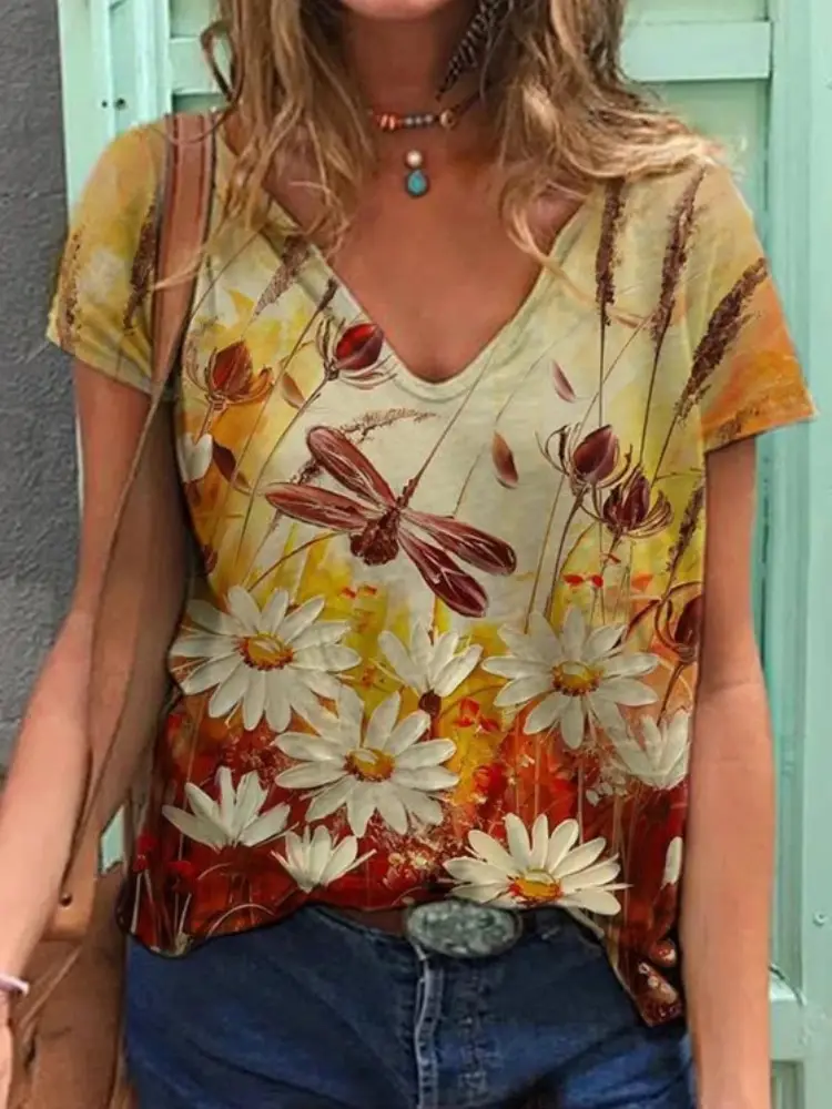 Women 3D Floral Print V-Neck T-Shirt Summer