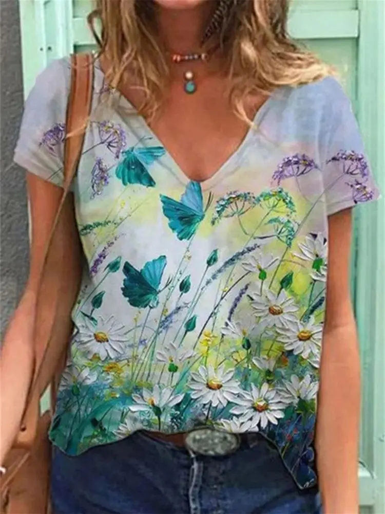 Women 3D Floral Print V-Neck T-Shirt Summer