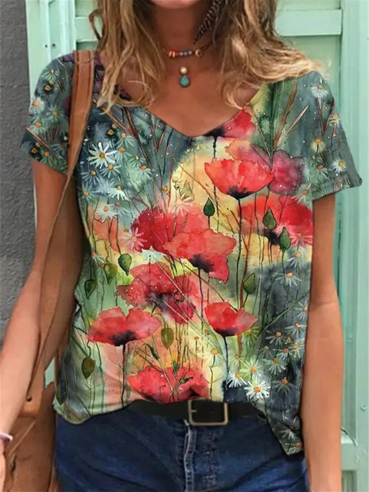 Women 3D Floral Print V-Neck T-Shirt Summer