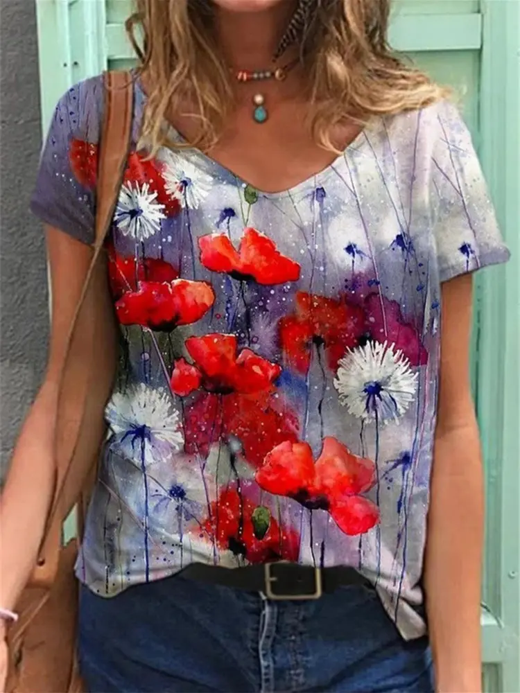 Women 3D Floral Print V-Neck T-Shirt Summer