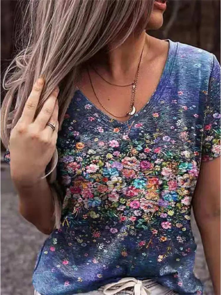 Women 3D Floral Print V-Neck T-Shirt Summer