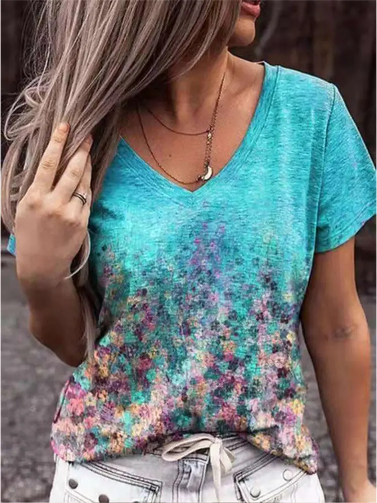 Women 3D Floral Print V-Neck T-Shirt Summer