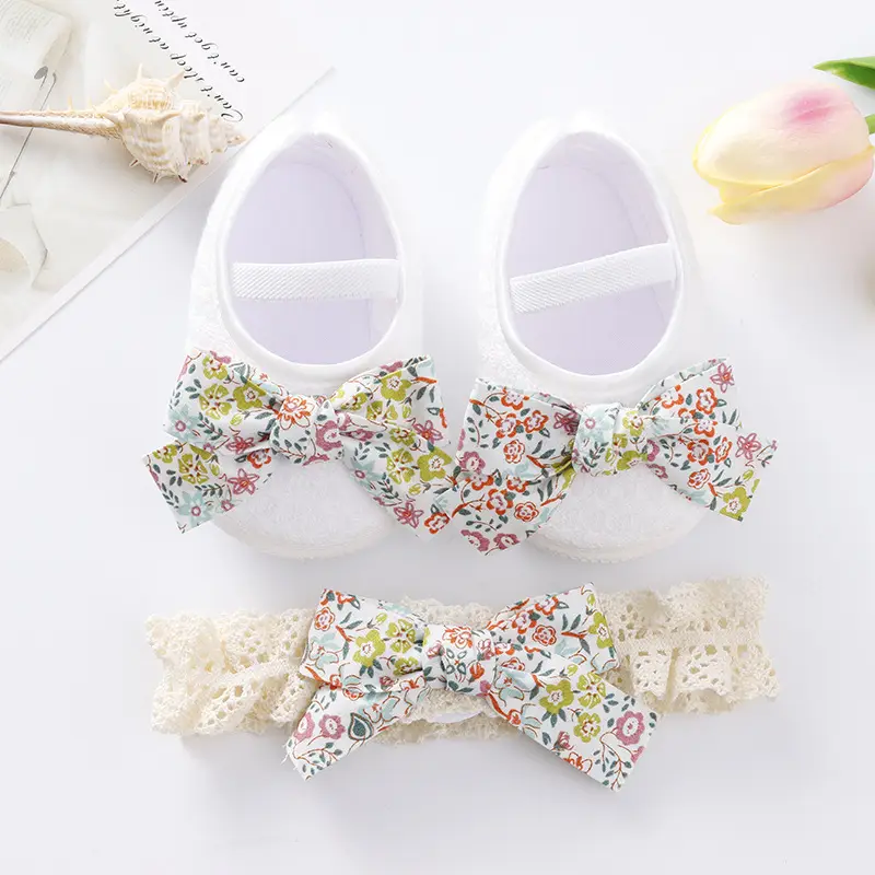 2022 Newborn Baby Shoes 0-6 Months Soft Soles Hair Band Set