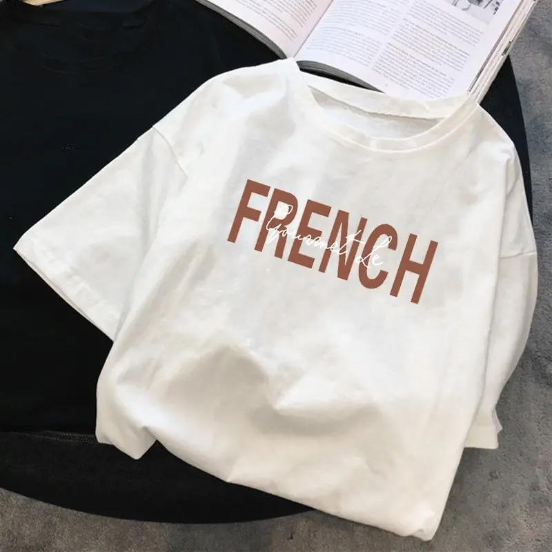 Women Crossbody T-shirt Frenc Print Cotton Plus Size - Image 5