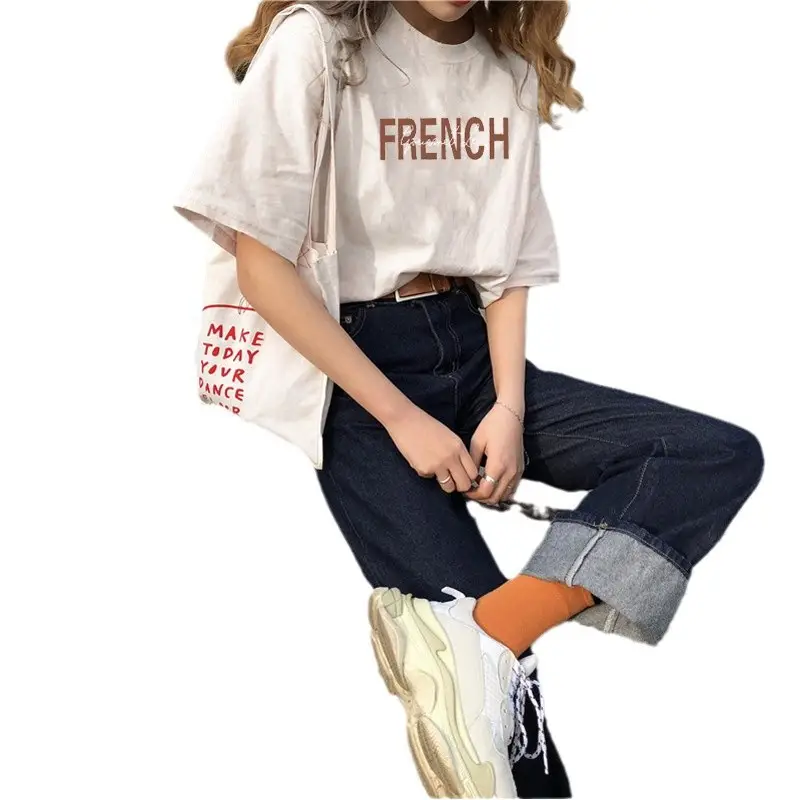 Women Crossbody T-shirt Frenc Print Cotton Plus Size - Image 7