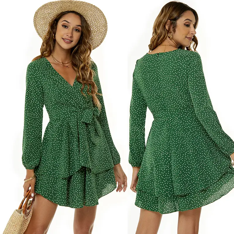 Green Polka Dot Long Sleeve V-Neck Dress for Women - Image 5