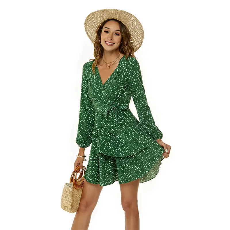 Green Polka Dot Long Sleeve V-Neck Dress for Women - Image 7