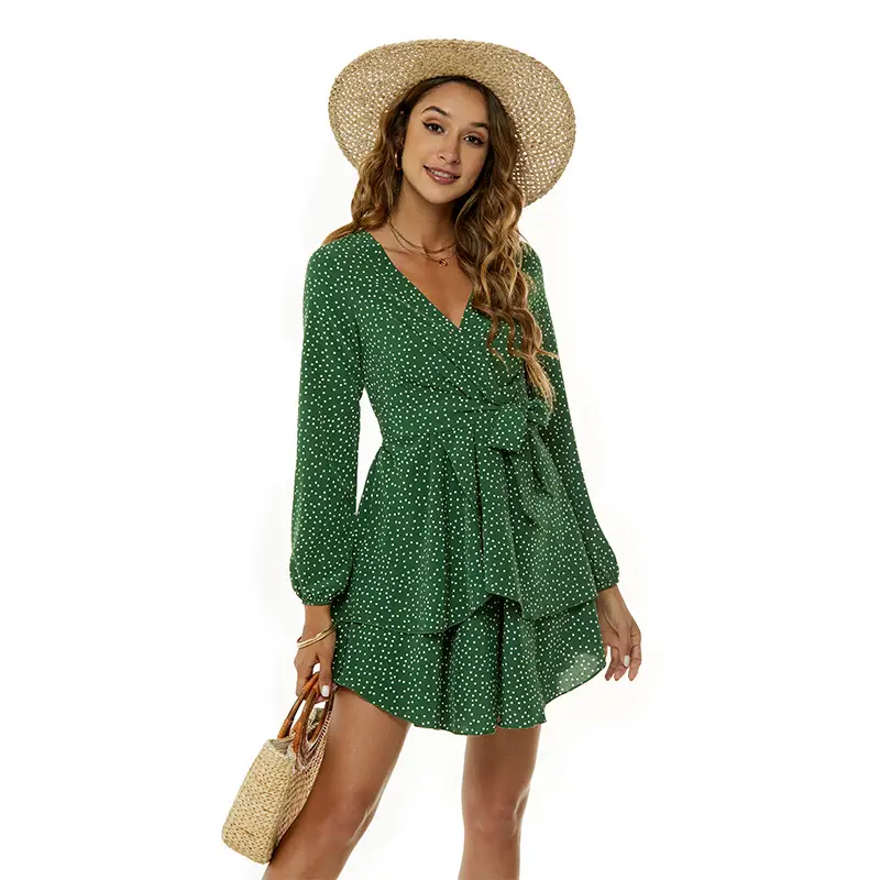 Green Polka Dot Long Sleeve V-Neck Dress for Women - Image 8