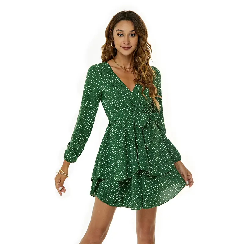 Green Polka Dot Long Sleeve V-Neck Dress for Women - Image 9