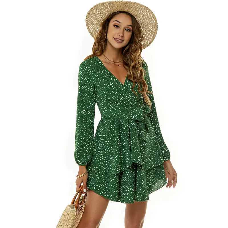 Green Polka Dot Long Sleeve V-Neck Dress for Women - Image 3