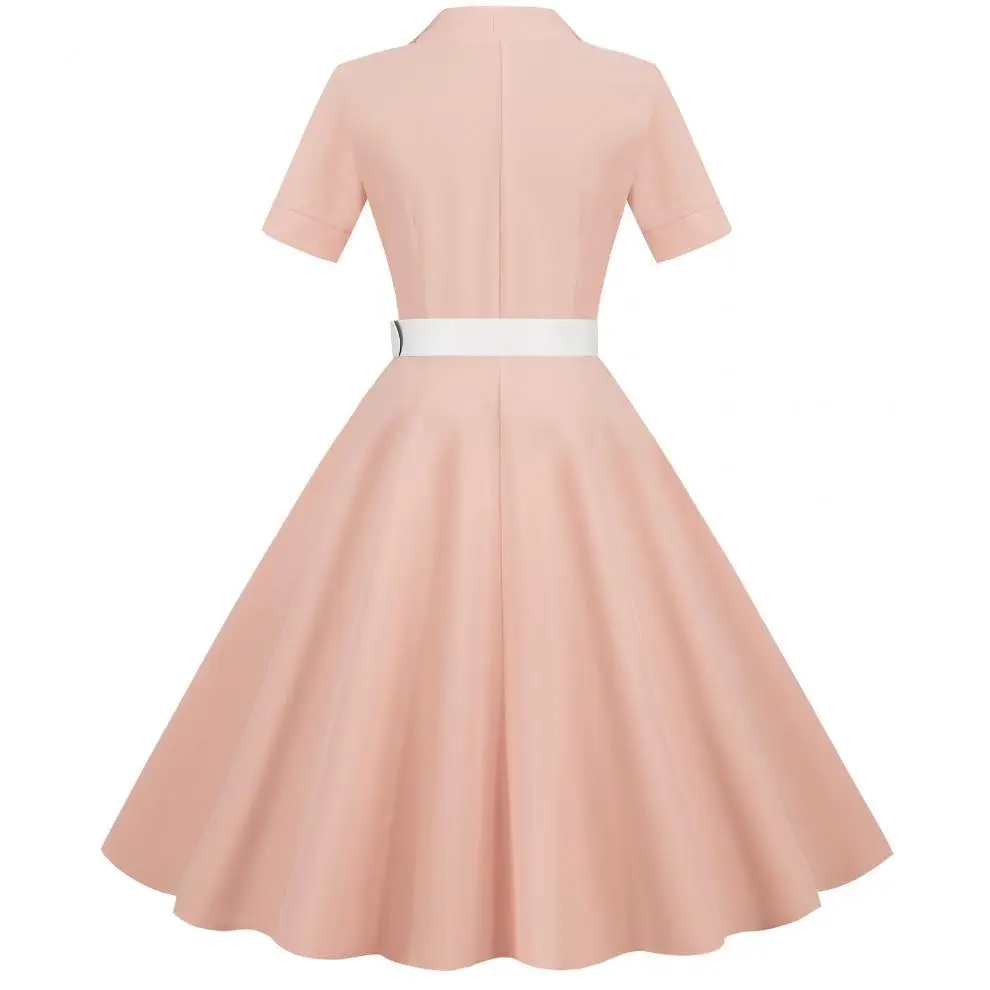 Pink 50s V-Neck Casual Party Dress — feature 13