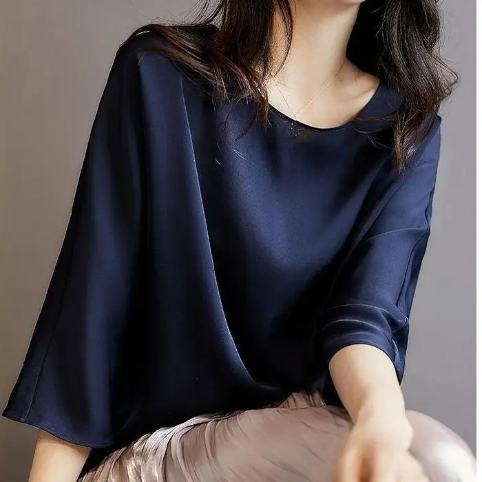 Women Navy Satin Round Neck T-Shirt Seven Point Sleeve Large