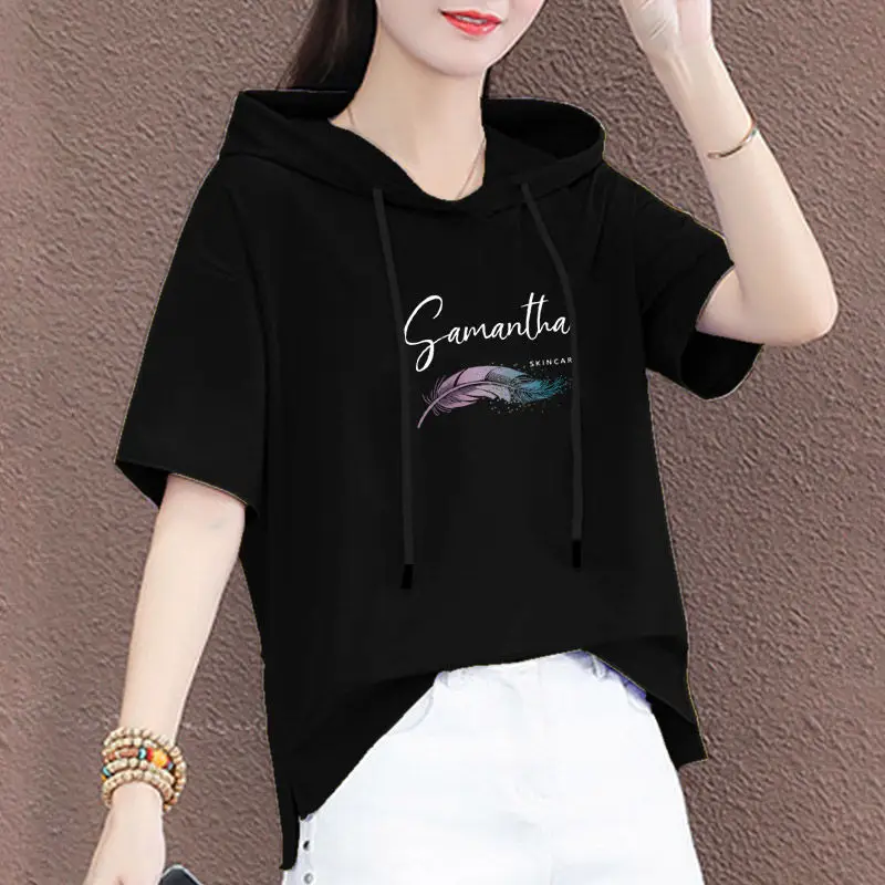 Women Hooded T-Shirt Black Summer Casual Korean Style - Image 29
