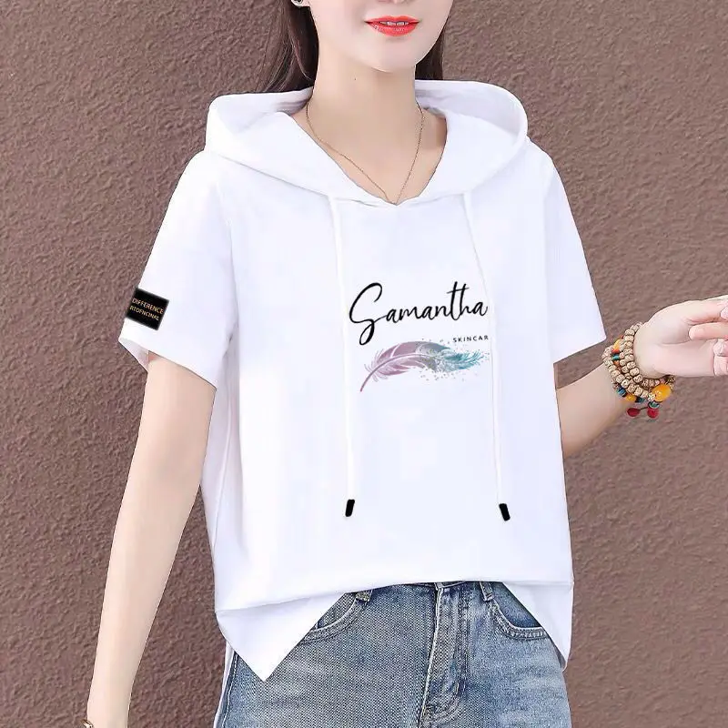 Women Hooded T-Shirt Black Summer Casual Korean Style - Image 30