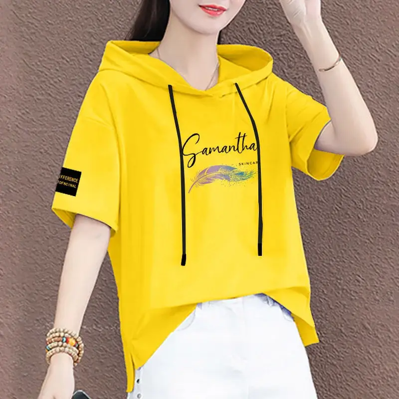 Women Hooded T-Shirt Black Summer Casual Korean Style - Image 12