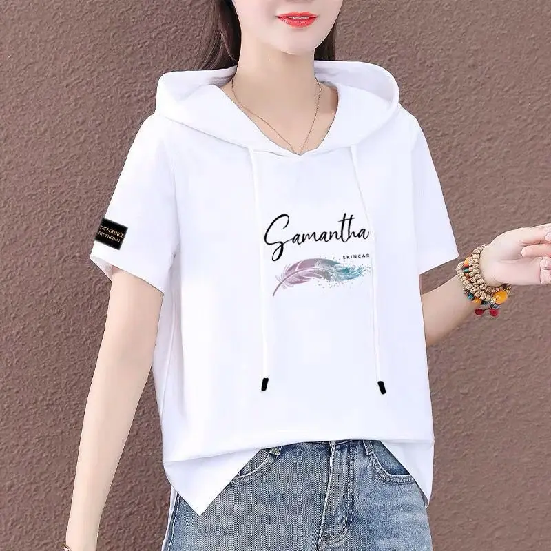 Women Hooded T-Shirt Black Summer Casual Korean Style - Image 19