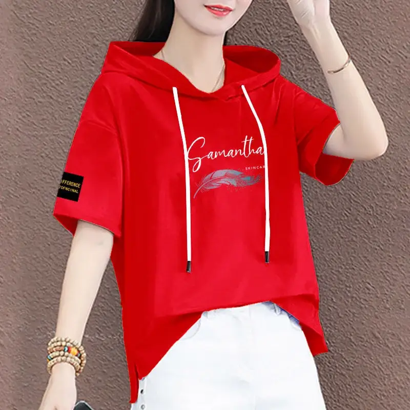 Women Hooded T-Shirt Black Summer Casual Korean Style - Image 2