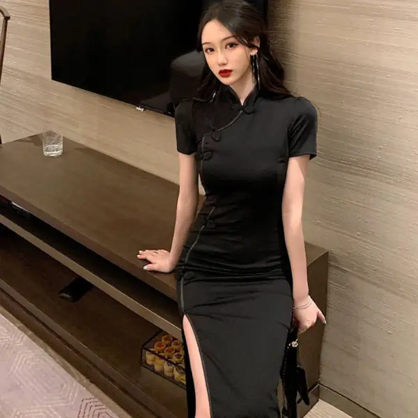 Black High Split Cheongsam Dress for Women 2022 - Image 4