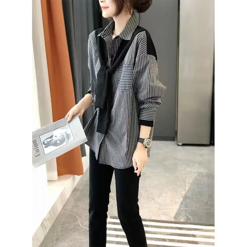 Women's Black & Gray Striped Button-Down Shirt 2022 - Image 2