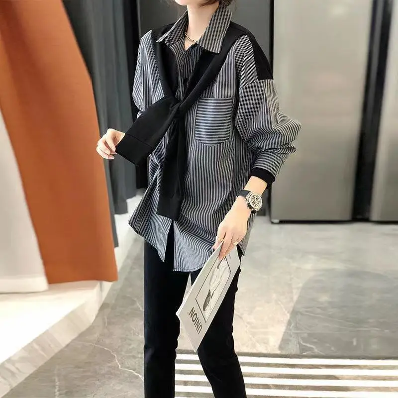 Women's Black & Gray Striped Button-Down Shirt 2022 - Image 3