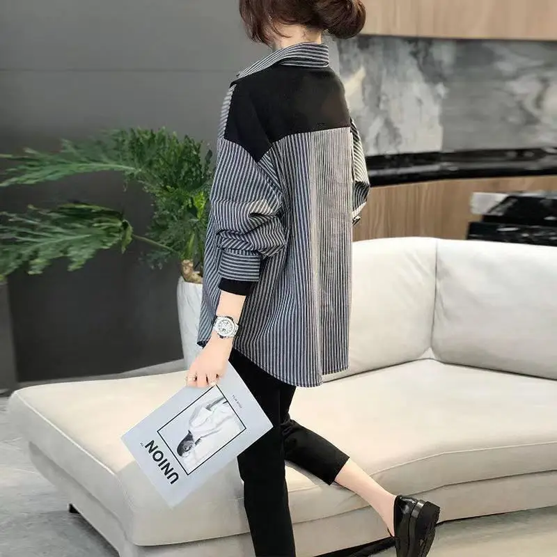 Women's Black & Gray Striped Button-Down Shirt 2022 - Image 4