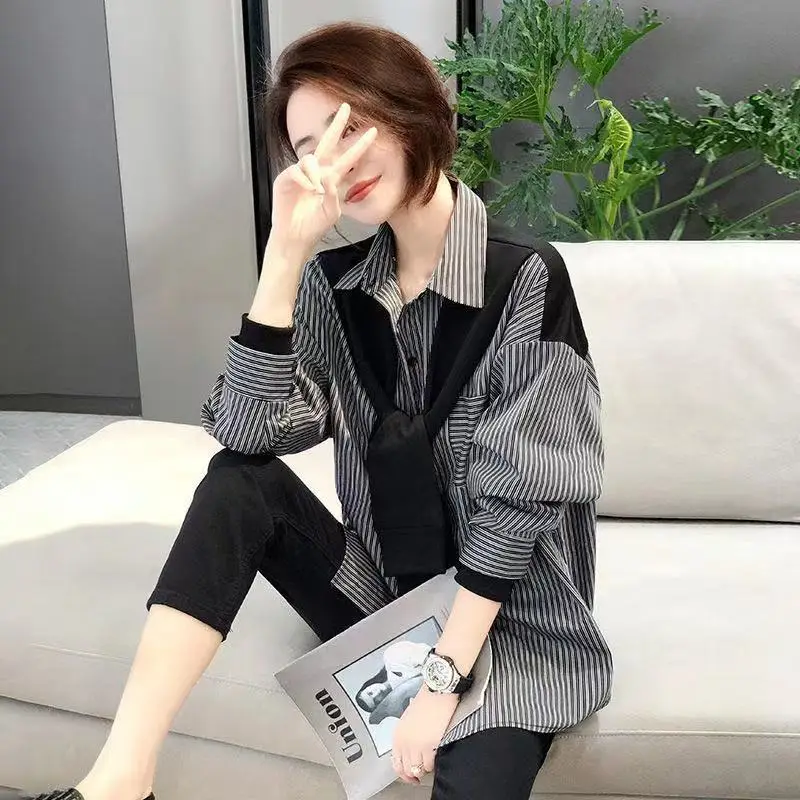 Women's Black & Gray Striped Button-Down Shirt 2022 - Image 5