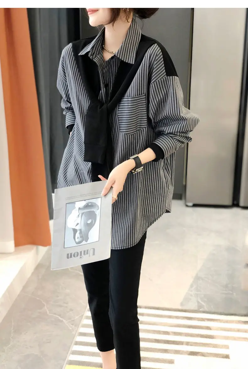 Women's Black & Gray Striped Button-Down Shirt 2022 — feature 12