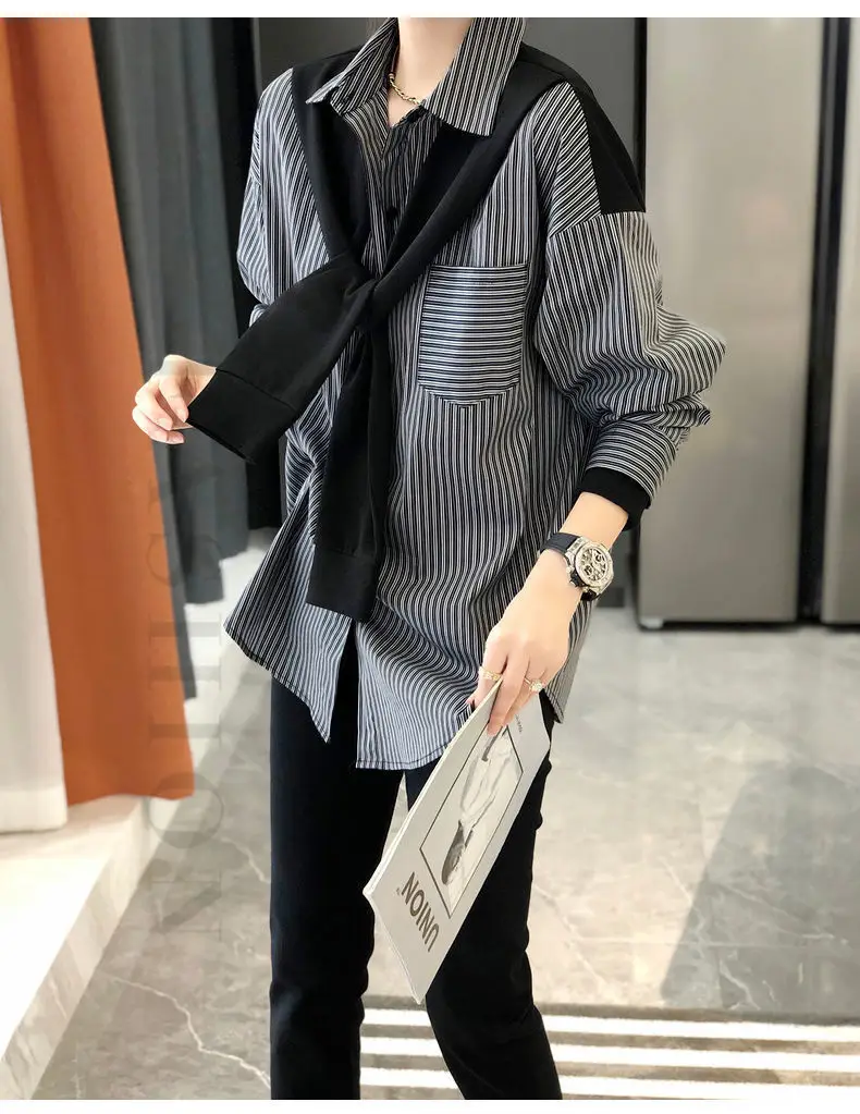 Women's Black & Gray Striped Button-Down Shirt 2022 — feature 6