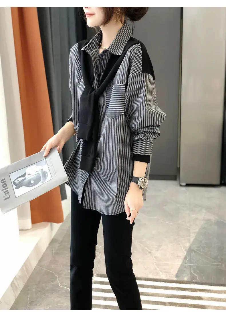 Women's Black & Gray Striped Button-Down Shirt 2022 — feature 8