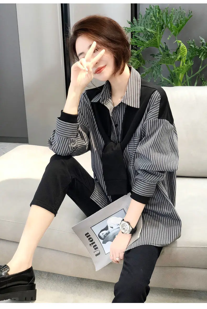 Women's Black & Gray Striped Button-Down Shirt 2022 — feature 9