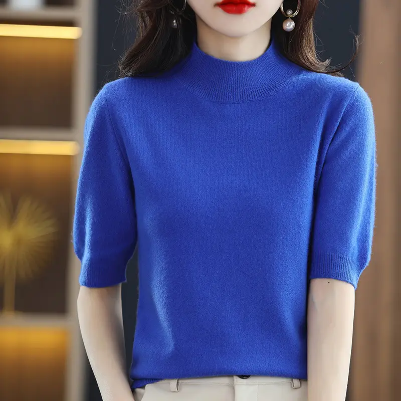 Blue Knitted Half Turtleneck Pullover for Women - Image 18