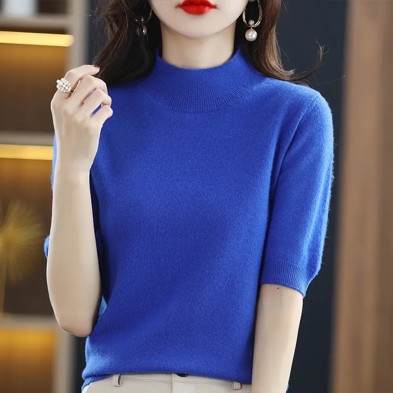Blue Knitted Half Turtleneck Pullover for Women - Image 8