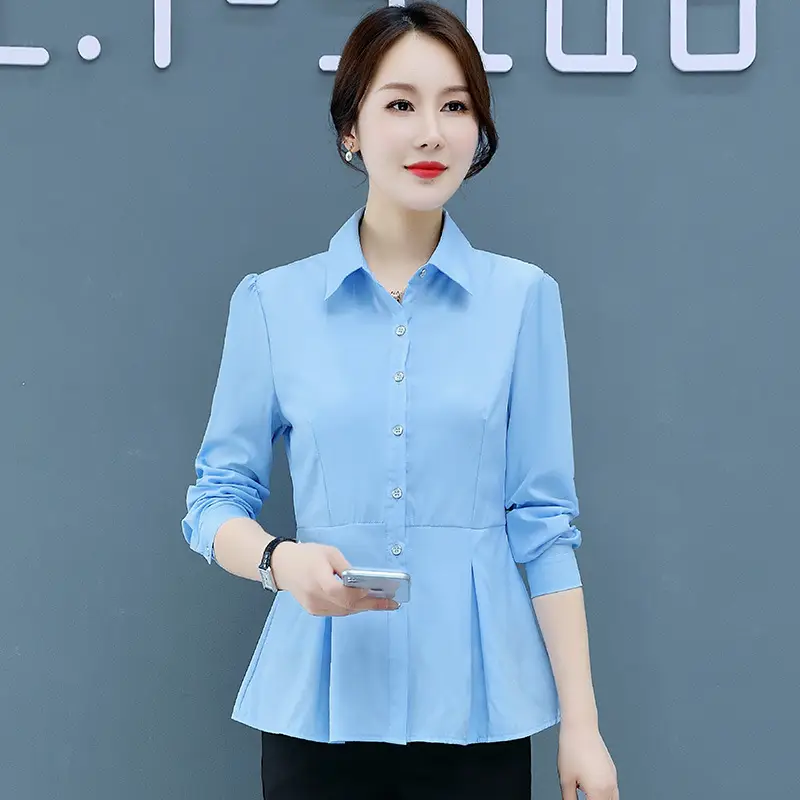 Women's Light Blue Long Sleeve Button Down Blouse - Image 3