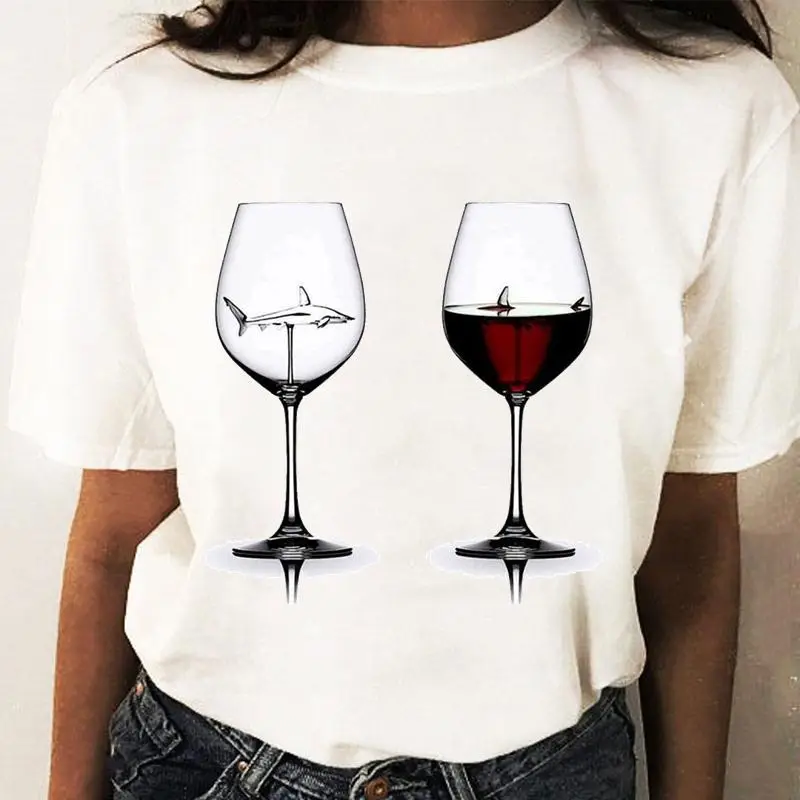 Women Graphic T-Shirt White Coffee Wine Love Print - Image 2