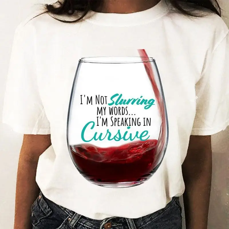 Women Graphic T-Shirt White Coffee Wine Love Print - Image 4