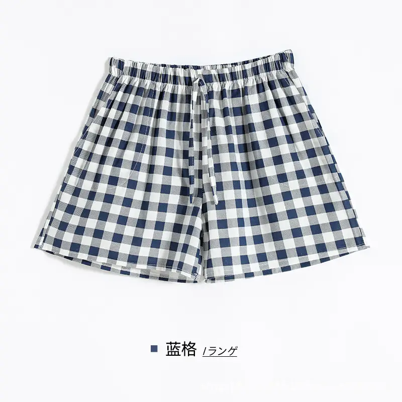 Women Cotton Linen Checkered Shorts Blue White Large - Image 3