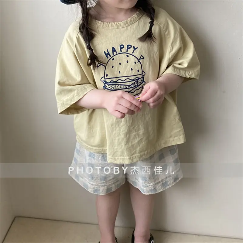 Korean Style Kids Summer T-Shirt Yellow Cartoon Hamburger Loose Fit - Image 3