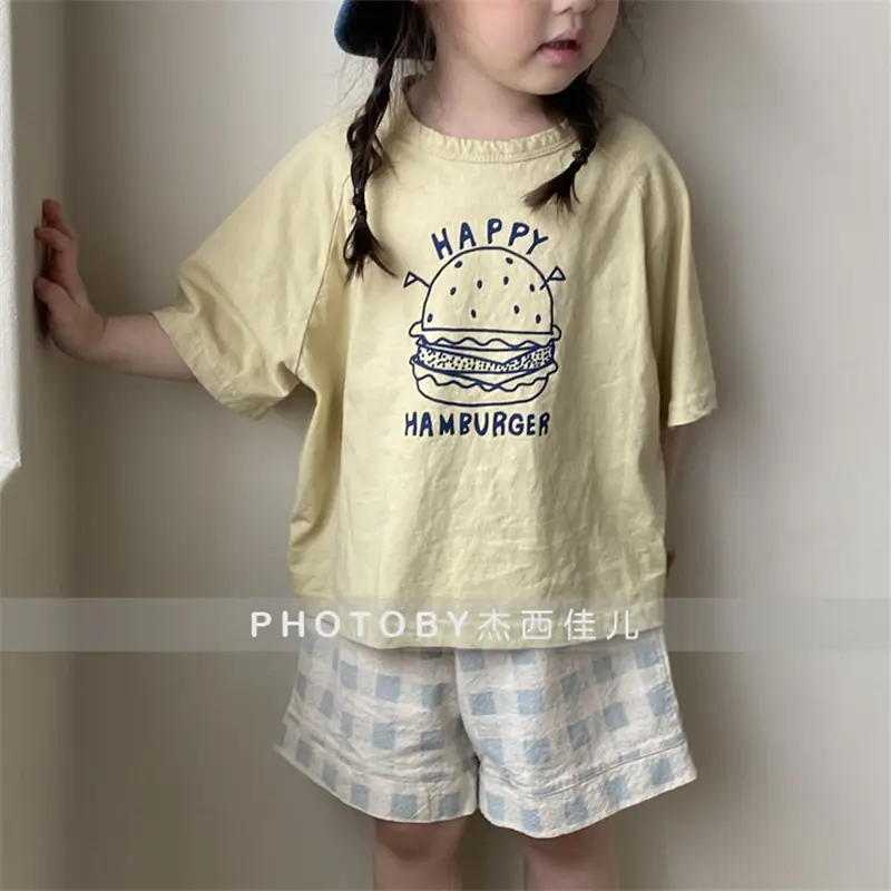 Korean Style Kids Summer T-Shirt Yellow Cartoon Hamburger Loose Fit - Image 2