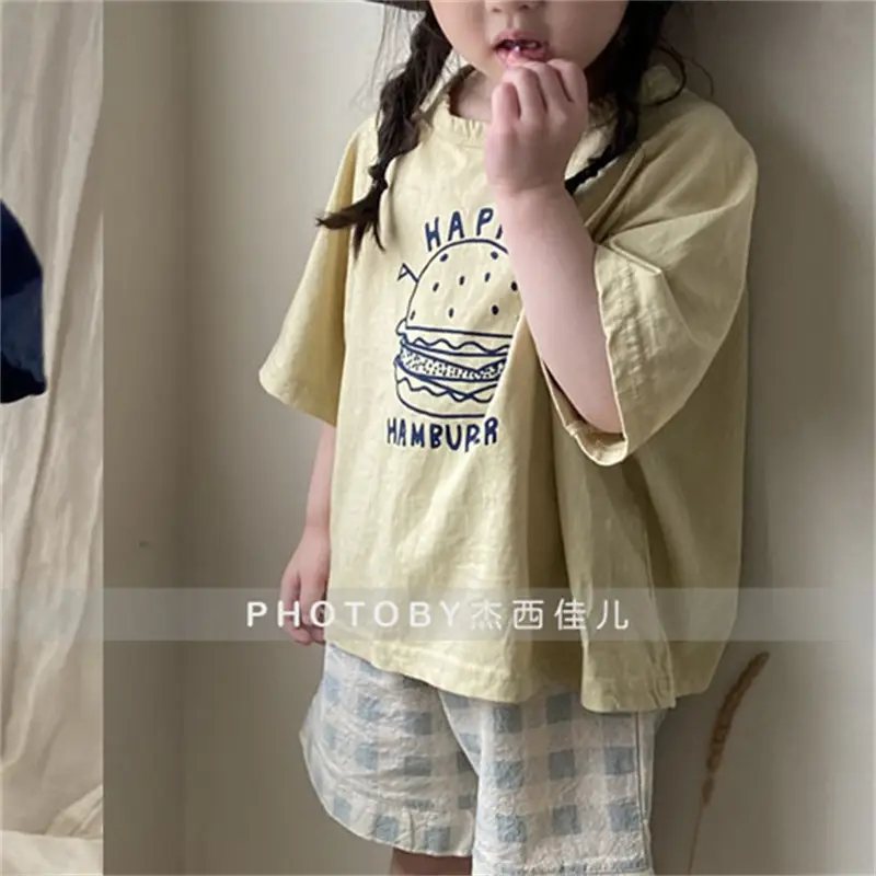 Korean Style Kids Summer T-Shirt Yellow Cartoon Hamburger Loose Fit - Image 4