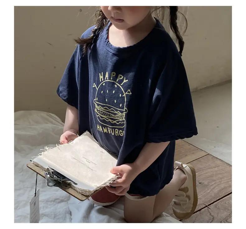 Korean Style Kids Summer T-Shirt Yellow Cartoon Hamburger Loose Fit — feature 12